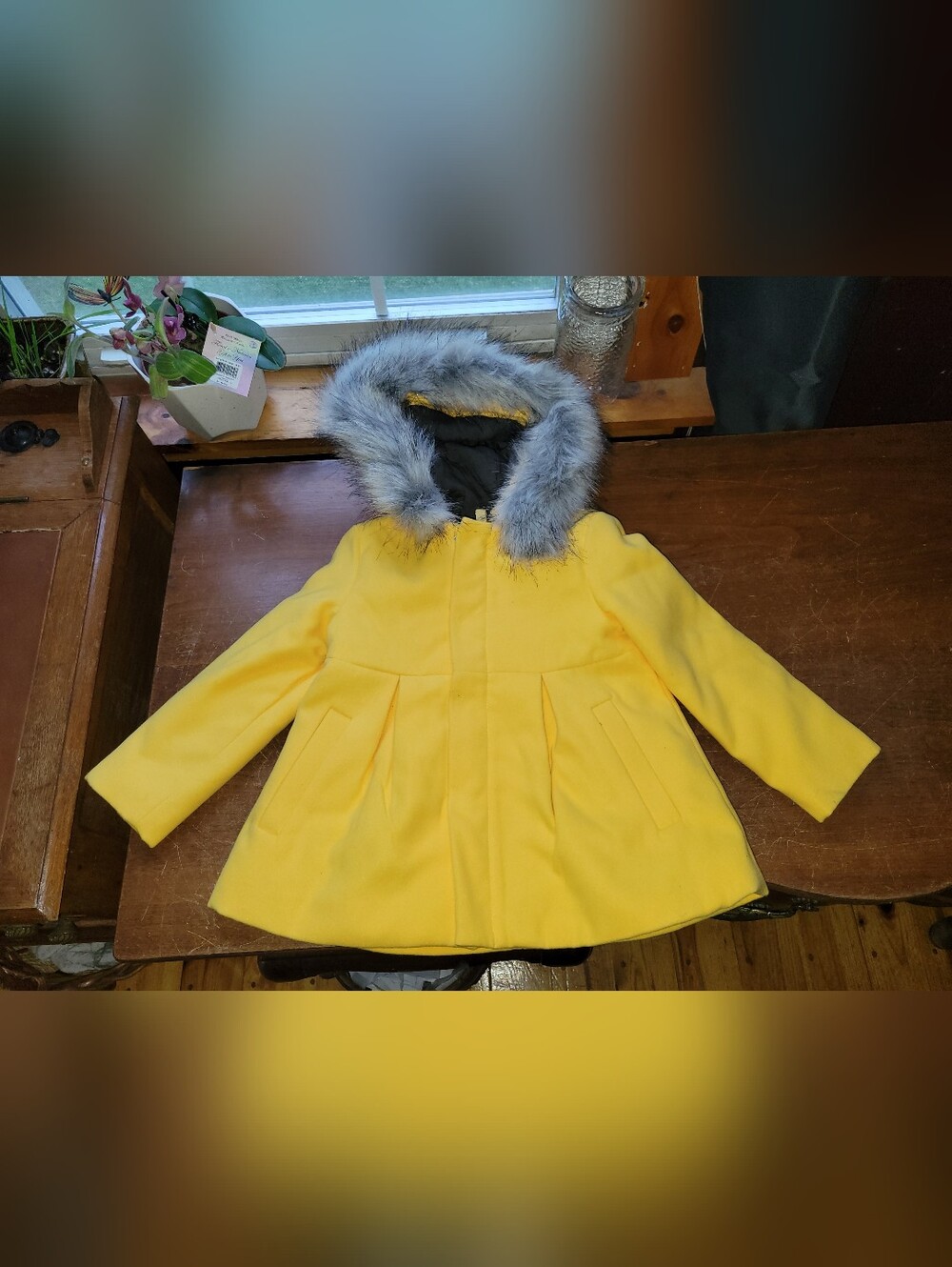 New 4T Cat & Jack Yellow Coat With Removable Faux Fur Hood